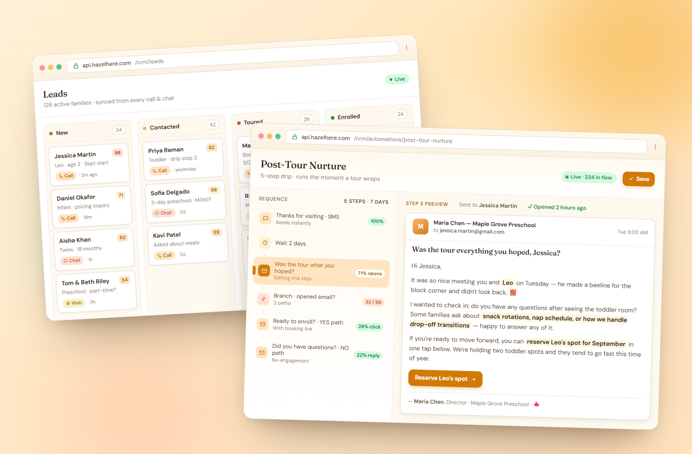 Hazel CRM — leads pipeline and post-tour nurture automation